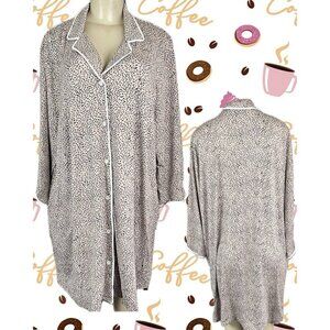 Jones New York XL Beige-Brown Print Button Down Front Collar 3/4 Sleep Shirt